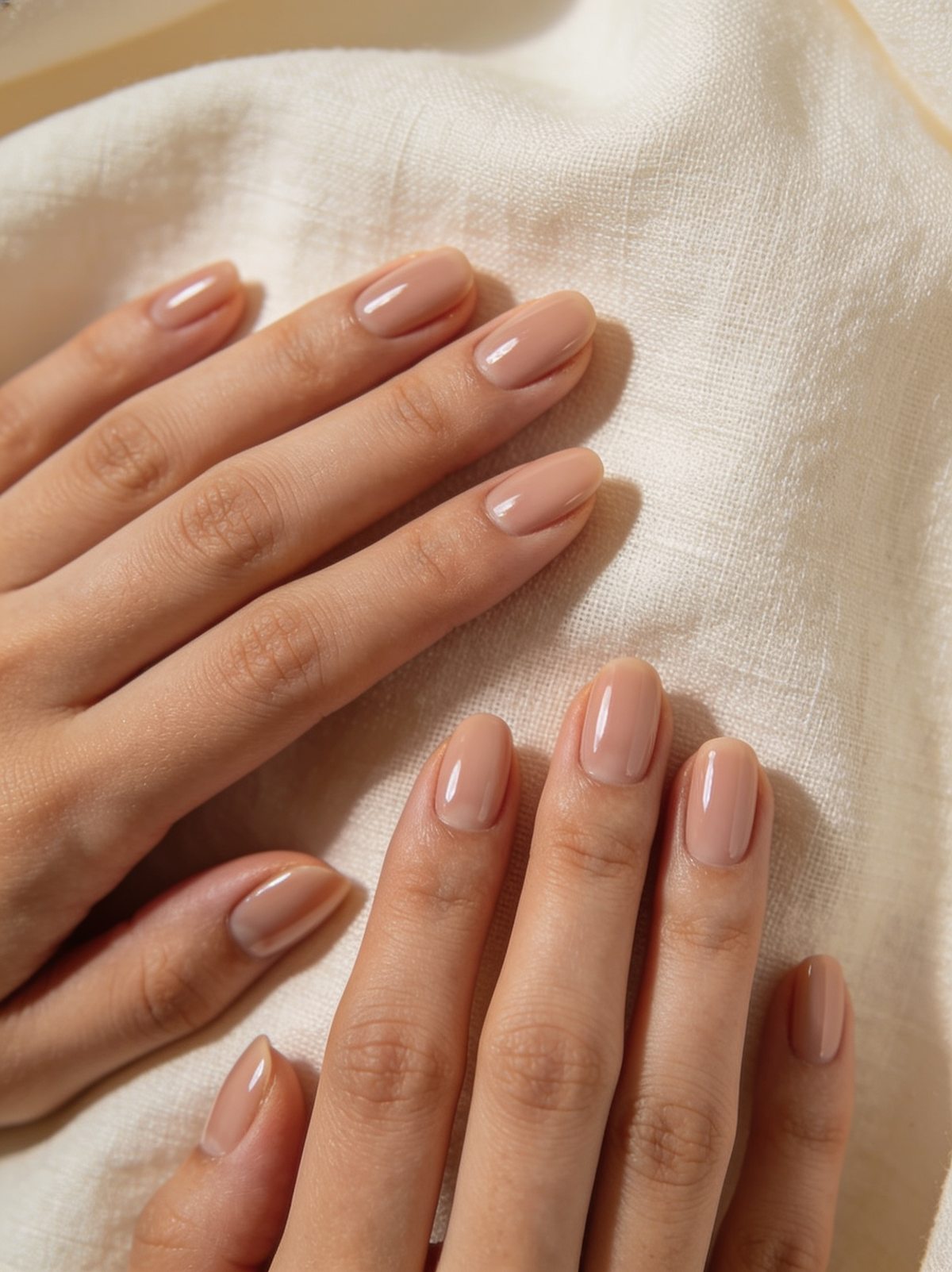 Gepflegte Hände mit Nude-Maniküre auf Leinen, Art of Beauty Gütersloh